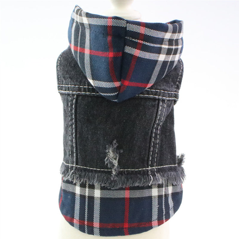 JMT-797642 Denim Vest Dress for Dogs - Casual Red and Blue Plaid Options in Various Sizes