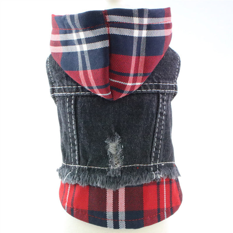JMT-797642 Denim Vest Dress for Dogs - Casual Red and Blue Plaid Options in Various Sizes