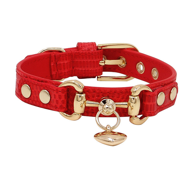 JMT-798538 Double Buckle Leather Pet Collar - Lizard Pattern in Wine Red, Red, or Green, Adjustable Sizes XS-XL