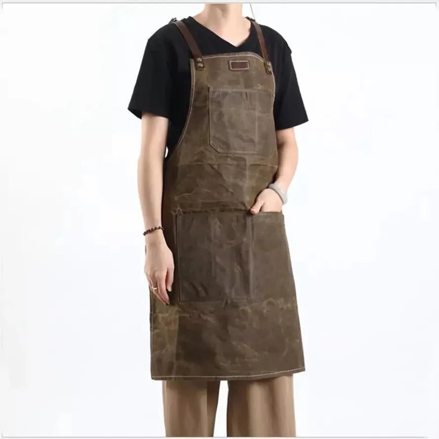 JMT-798922 Oil Wax Canvas and Leather Garden Apron for Outdoor Work and Barbecue