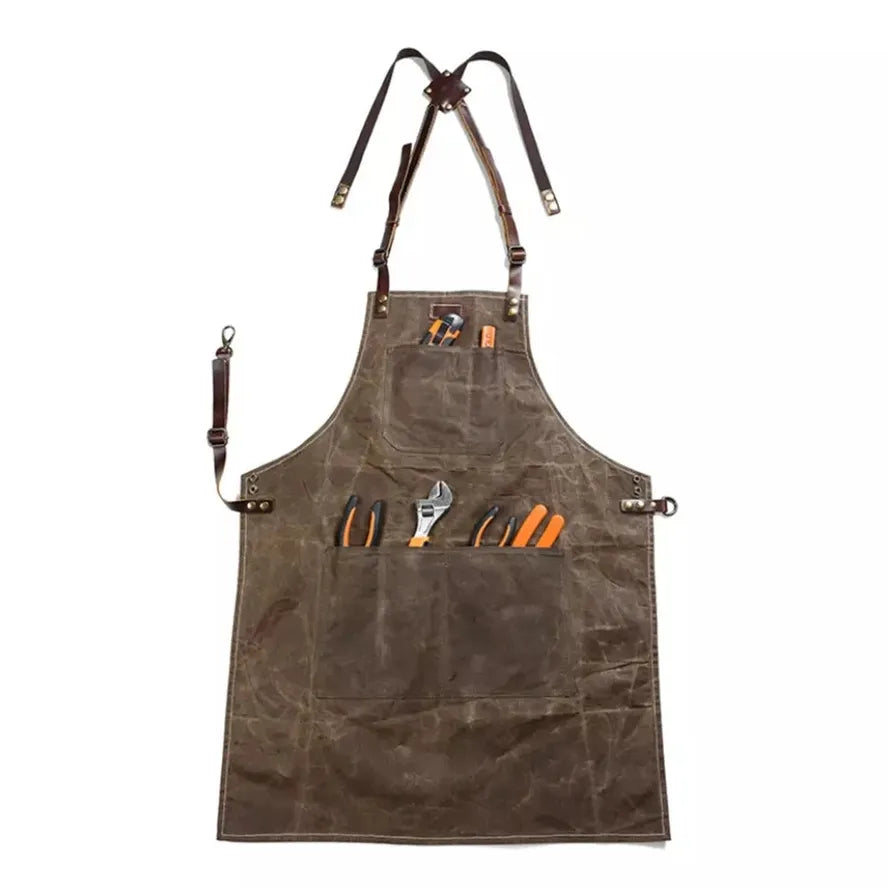 JMT-798922 Oil Wax Canvas and Leather Garden Apron for Outdoor Work and Barbecue