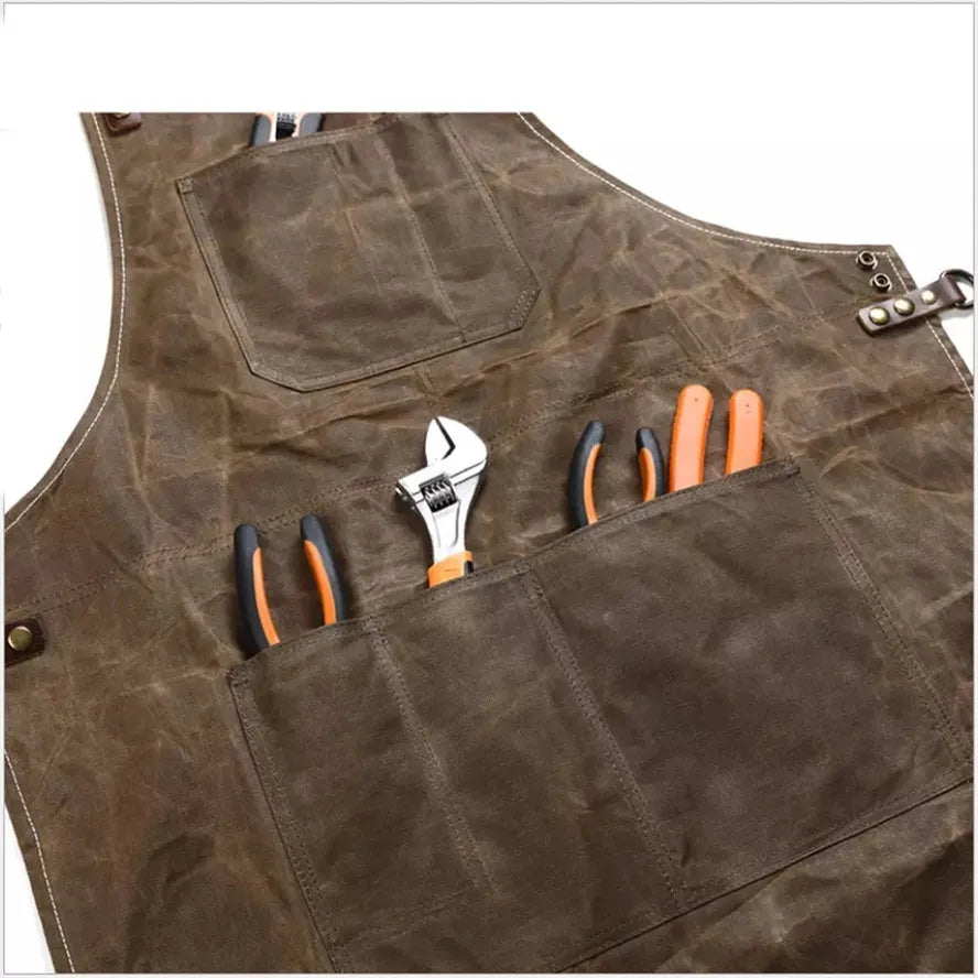 JMT-798922 Oil Wax Canvas and Leather Garden Apron for Outdoor Work and Barbecue