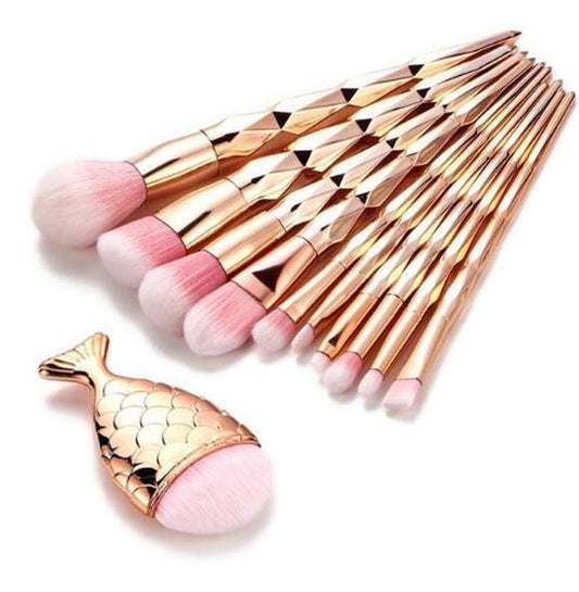 JMT-799306 Mermaid Fishtail Diamond Makeup Brush Set - 11 Piece Rainbow Cosmetic Brush Collection