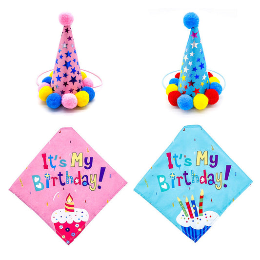JMT-800650 Pet Birthday Party Set for Dogs and Cats - Pink/Blue Scarf and Hat Combo