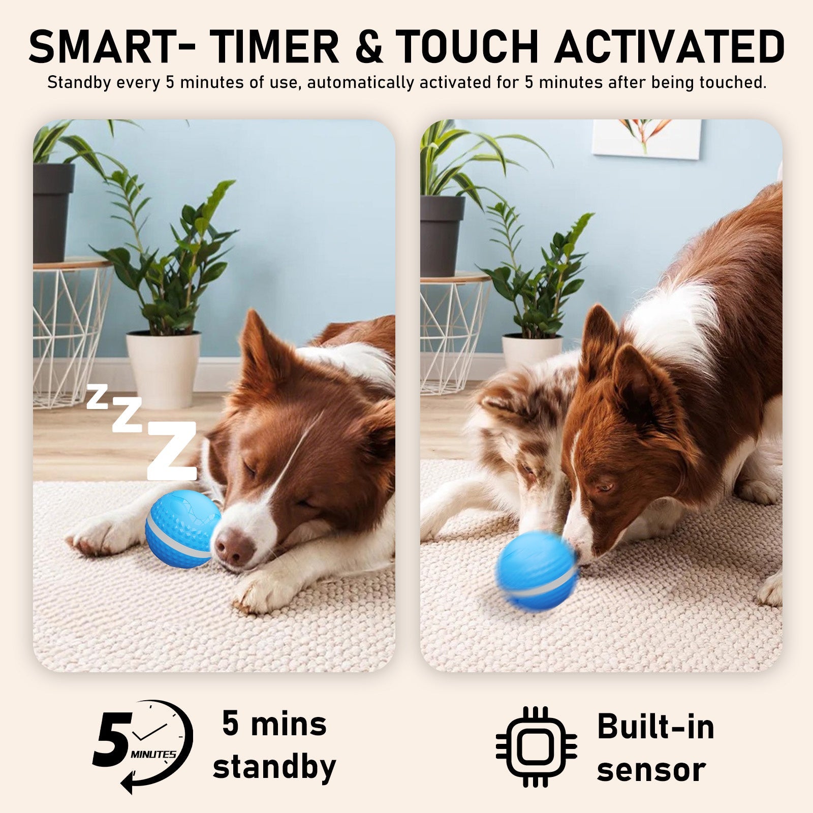 JMT-801482 Interactive Automatic Moving Dog Ball Toy with Lighting Modes for Medium and Large Dogs, Timer & Touch Activated, USB Rechargeable for Enrichment & Stimulation