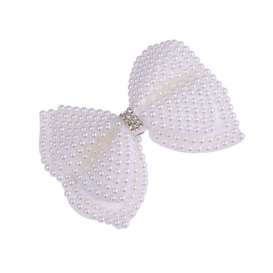 JMT-801866 Pearl Bow Hair Clip with White Crystal Accent for Women
