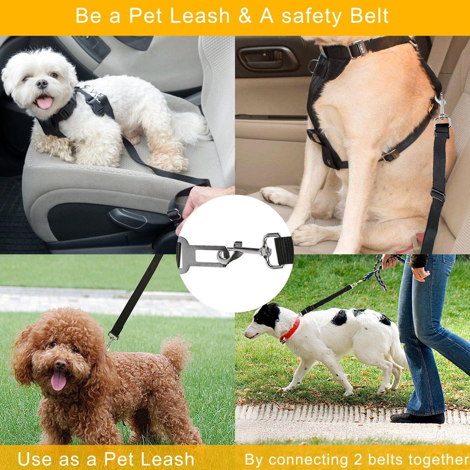 JMT-802826 Adjustable Pet Dog Safety Seat Belt Leash for Vehicles - Nylon Fabric Harness Restraint with Swivel Carabiner