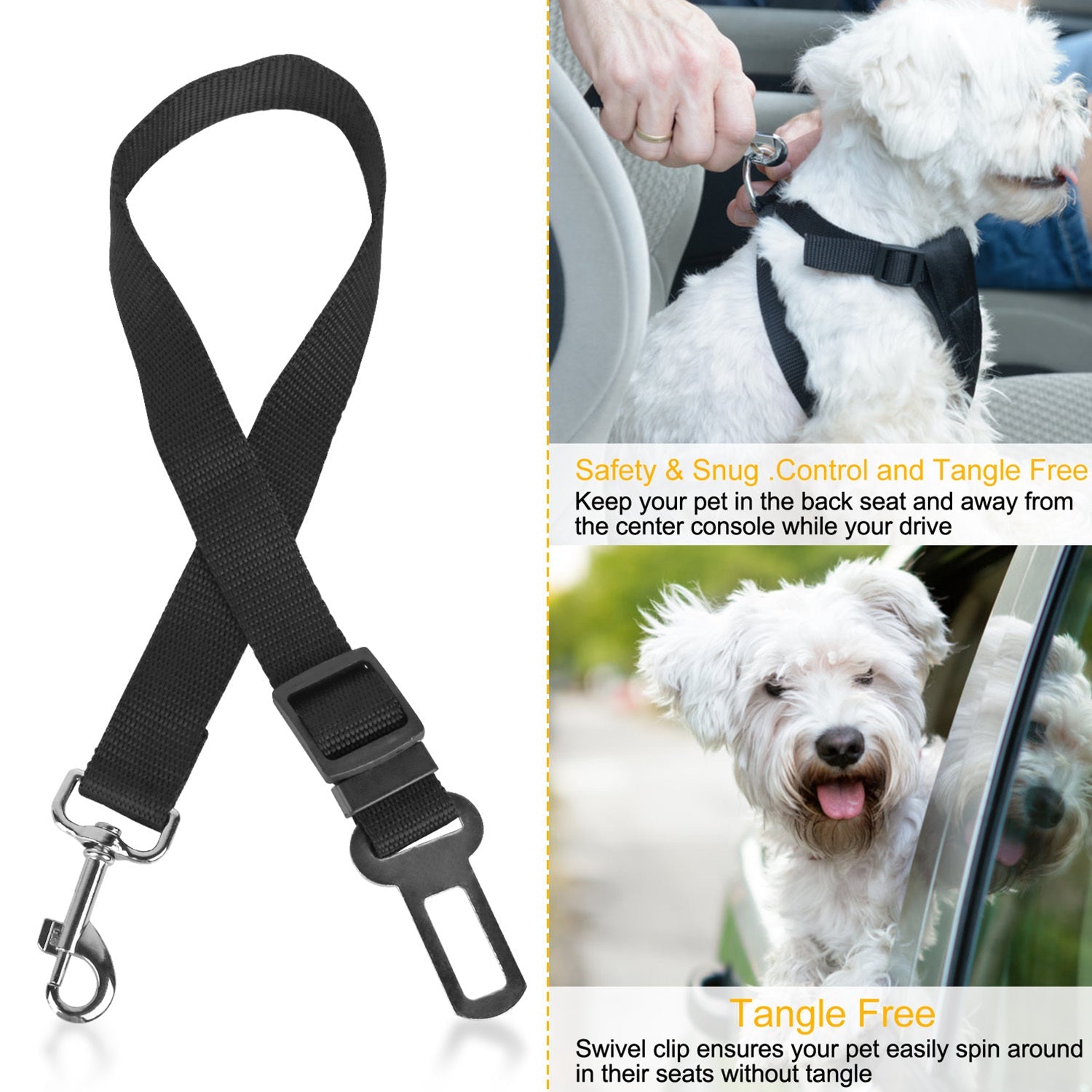 JMT-802826 Adjustable Pet Dog Safety Seat Belt Leash for Vehicles - Nylon Fabric Harness Restraint with Swivel Carabiner