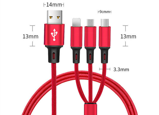 JMT-803658 3-in-1 Mobile Data Cable for Android, Apple & Type-C Devices - Metal & Nylon Braid Construction