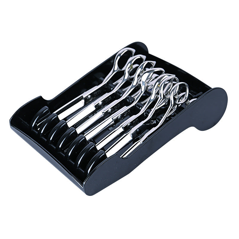 JMT-806090 Stylish Scissors Storage Box for Hairstylists - Non-Slip Display Rack in Black and Grey, Holds 6-8 Scissors