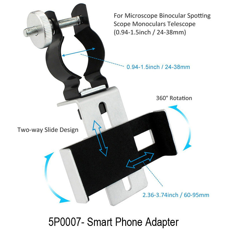 JMT-807946 Universal Smartphone Adapter - Adjustable Metal Holder for 60-95mm Width Devices, Black & Silver