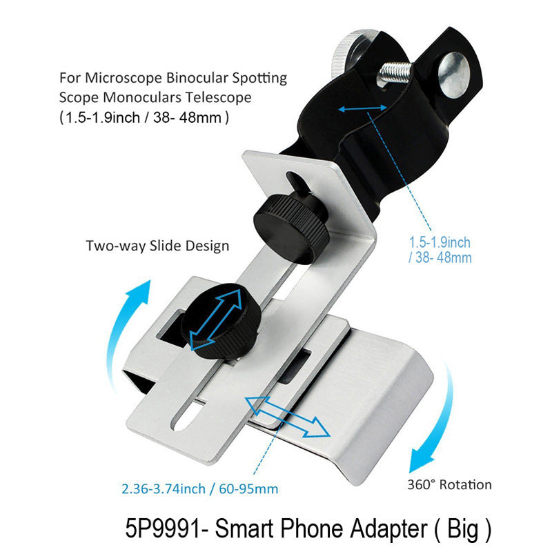 JMT-807946 Universal Smartphone Adapter - Adjustable Metal Holder for 60-95mm Width Devices, Black & Silver