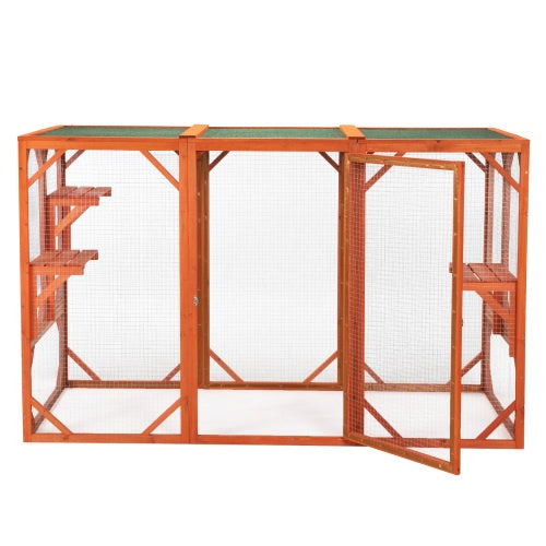 JMT-810250 Wooden Outdoor Cat House with Waterproof Asphalt Board and Spacious Cat Cage, Orange