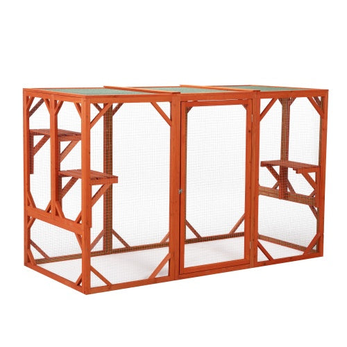 JMT-810250 Wooden Outdoor Cat House with Waterproof Asphalt Board and Spacious Cat Cage, Orange