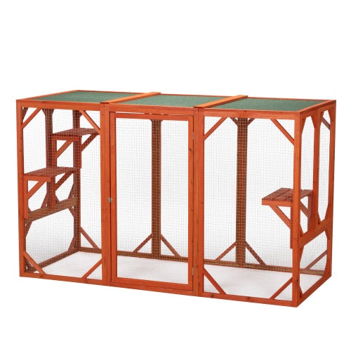 JMT-810250 Wooden Outdoor Cat House with Waterproof Asphalt Board and Spacious Cat Cage, Orange