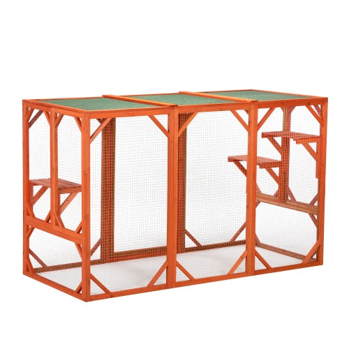 JMT-810250 Wooden Outdoor Cat House with Waterproof Asphalt Board and Spacious Cat Cage, Orange