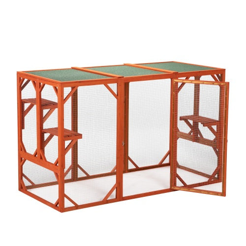 JMT-810250 Wooden Outdoor Cat House with Waterproof Asphalt Board and Spacious Cat Cage, Orange