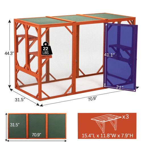 JMT-810250 Wooden Outdoor Cat House with Waterproof Asphalt Board and Spacious Cat Cage, Orange