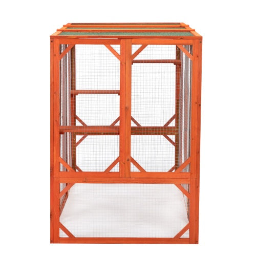 JMT-810250 Wooden Outdoor Cat House with Waterproof Asphalt Board and Spacious Cat Cage, Orange