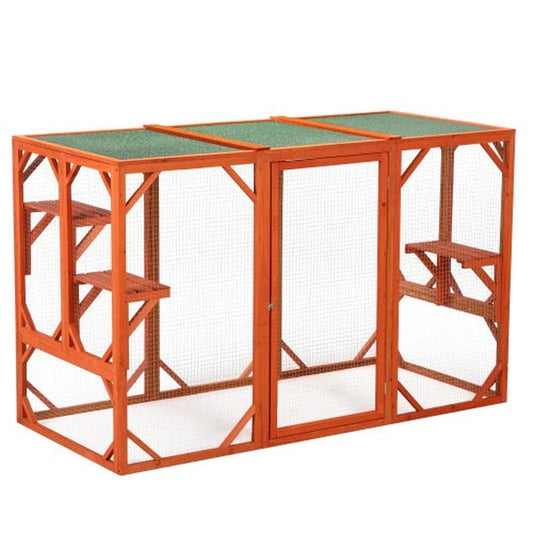 JMT-810250 Wooden Outdoor Cat House with Waterproof Asphalt Board and Spacious Cat Cage, Orange