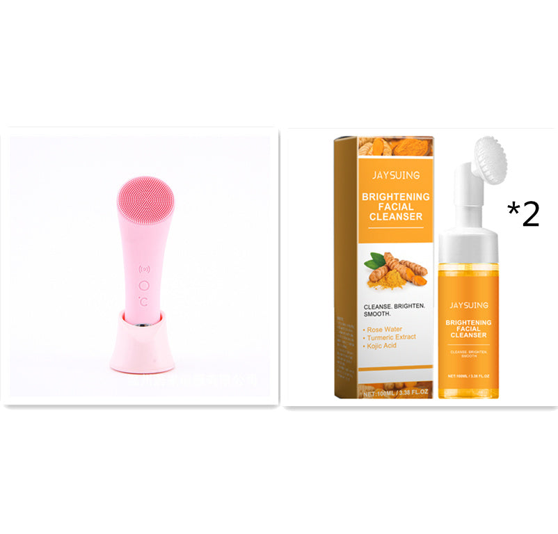 JMT-810378 Electric Pink Silicone Facial Cleansing Brush with Vibration and Heating Features