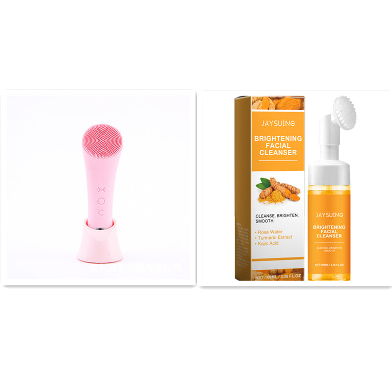 JMT-810378 Electric Pink Silicone Facial Cleansing Brush with Vibration and Heating Features