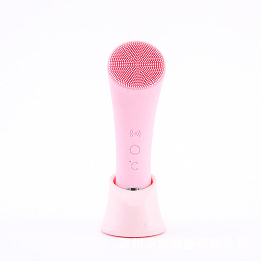 JMT-810378 Electric Pink Silicone Facial Cleansing Brush with Vibration and Heating Features