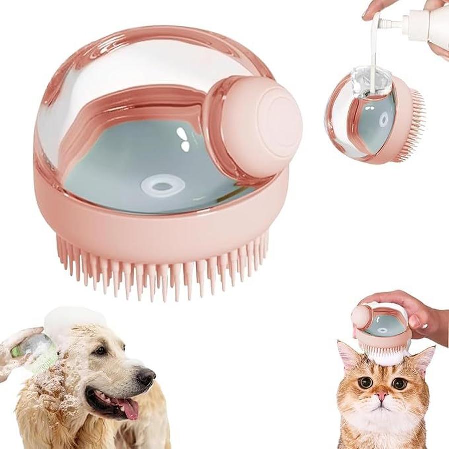JMT-811466 Silicone Bristle Dog Grooming Brush with Soap Dispenser - Pink, Ideal for Convenient Bathing and Gentle Massaging