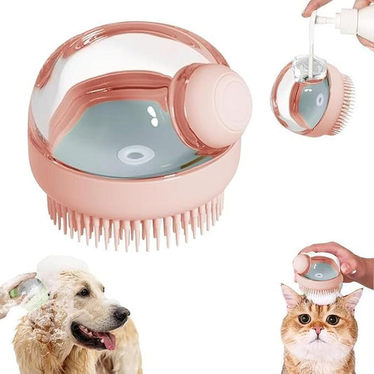 JMT-811466 Silicone Bristle Dog Grooming Brush with Soap Dispenser - Pink, Ideal for Convenient Bathing and Gentle Massaging