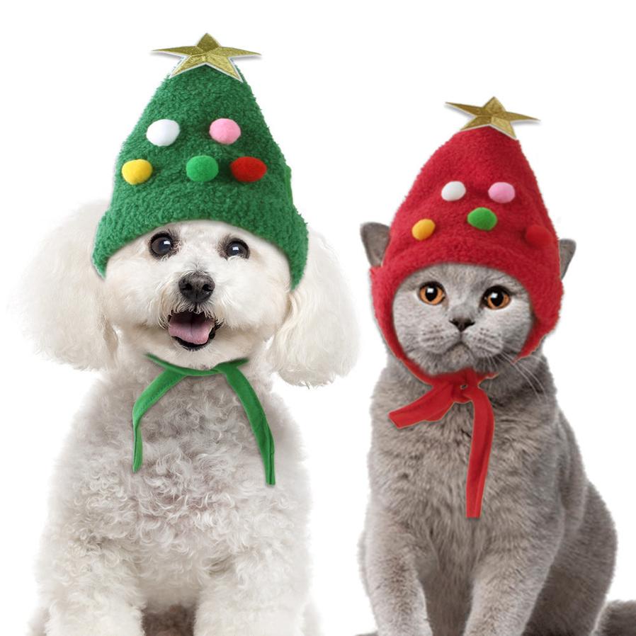 JMT-812554 Pet Christmas Tree Hat with Adjustable Chin Strap – Cute Holiday Headwear for Cats in Red and Green