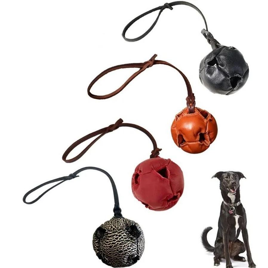 JMT-813834 Leather Dog Bite Training Ball with Handle – Soft Tug Toy for Puppy Reward and Training Activities
