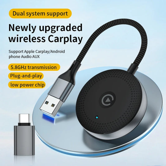 JMT-814346 Wired to Wireless Type C Adapter for Android Auto and CarPlay - Mini USB C 2 in 1 Solution