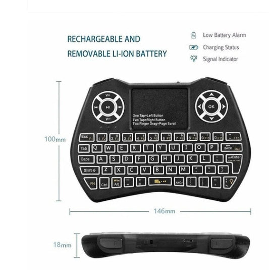 JMT-816458 Mini Wireless QWERTY Keyboard with Touchpad and RGB Backlight, Compatible with PC and Smart TV, 10M Wireless Range, Rechargeable Battery