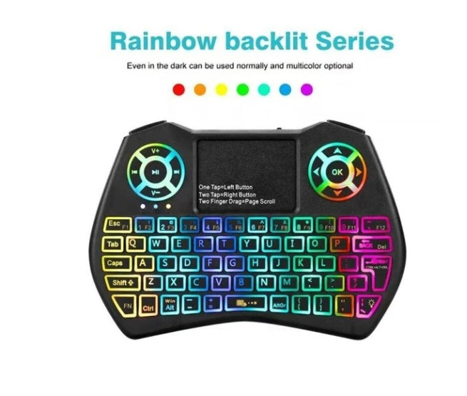 JMT-816458 Mini Wireless QWERTY Keyboard with Touchpad and RGB Backlight, Compatible with PC and Smart TV, 10M Wireless Range, Rechargeable Battery
