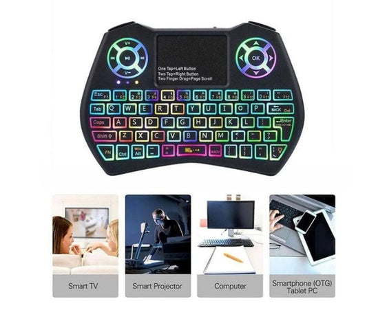 JMT-816458 Mini Wireless QWERTY Keyboard with Touchpad and RGB Backlight, Compatible with PC and Smart TV, 10M Wireless Range, Rechargeable Battery