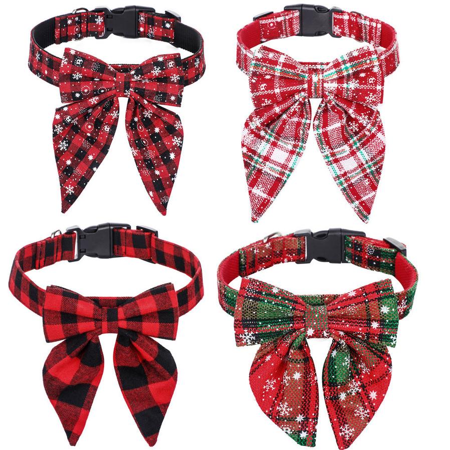 JMT-816650 Festive Plaid Dog Collar Bow Tie for Christmas – Red, Green, and Snowflake Designs