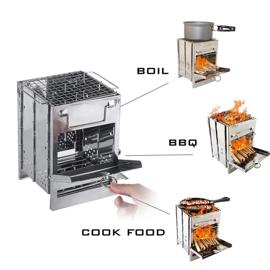 JMT-817034 Adjustable Folding Wood Stove for Camping, Outdoor Cooking and BBQ