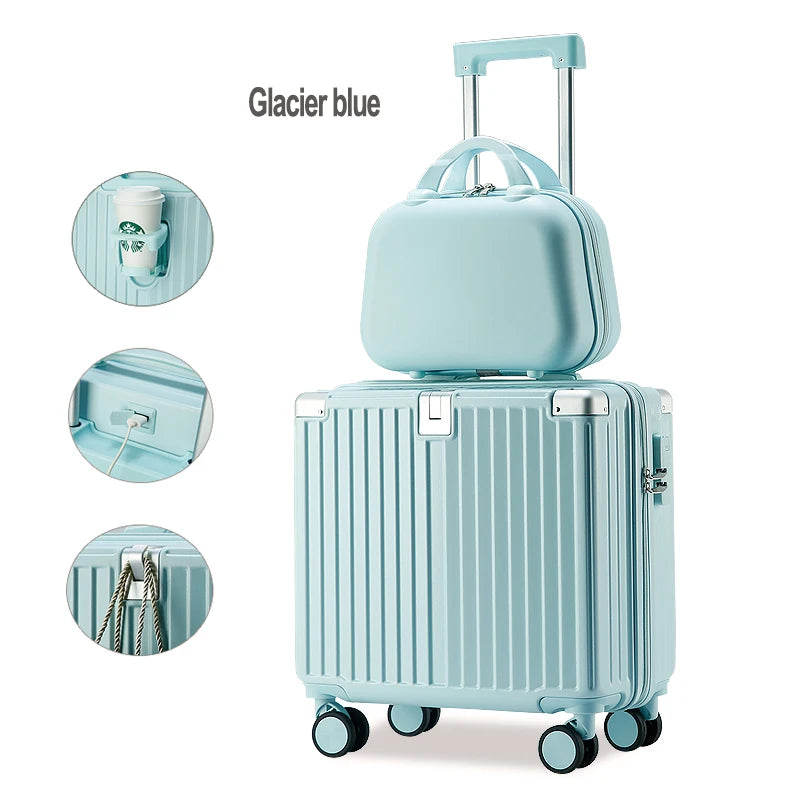 JMT-817034 Stylish Rolling Luggage with USB Charger and Cup Holder - Ideal Travel Companion for Girls