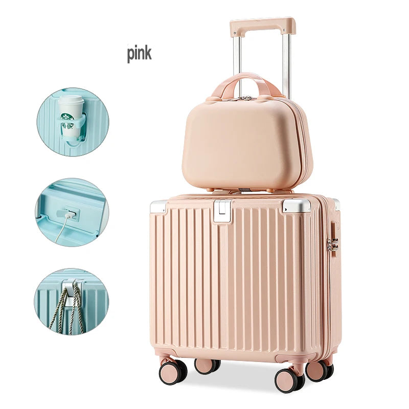 JMT-817034 Stylish Rolling Luggage with USB Charger and Cup Holder - Ideal Travel Companion for Girls