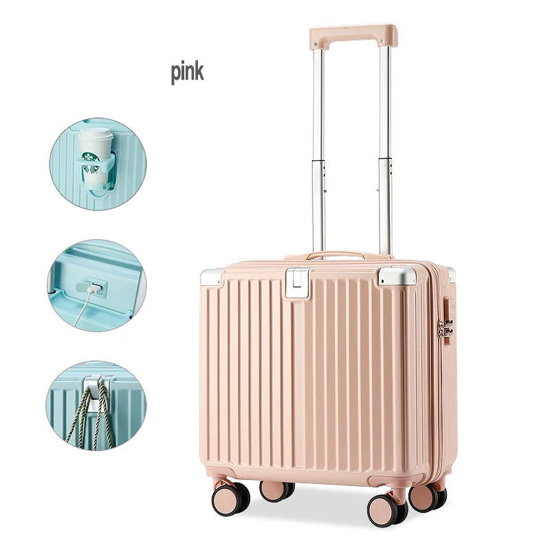 JMT-817034 Stylish Rolling Luggage with USB Charger and Cup Holder - Ideal Travel Companion for Girls
