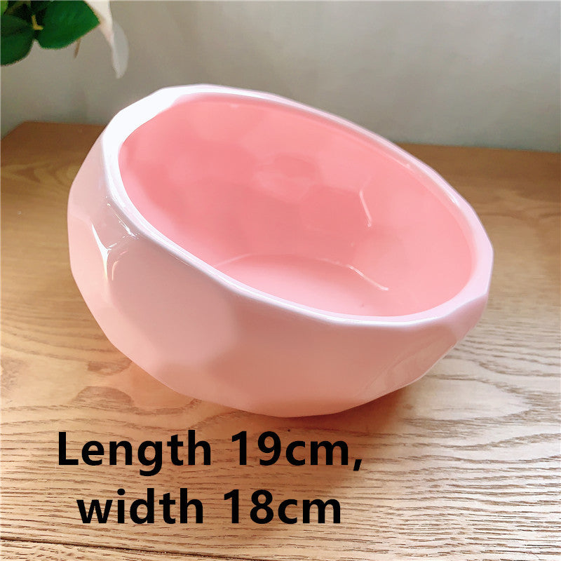 JMT-819466 Ceramic Pet Bowl with Oblique Mouth Design - Large Capacity Water and Rice Bowl in Pink, White, and Blue