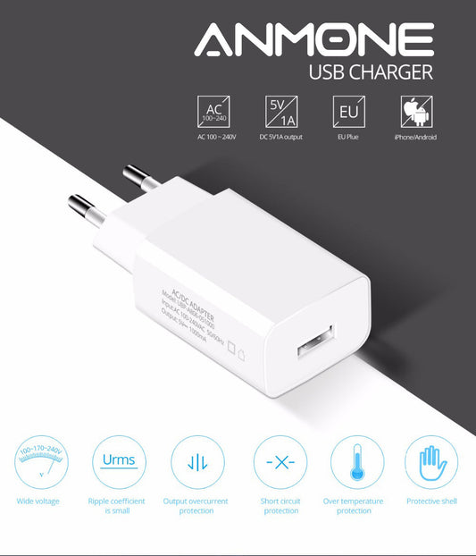 JMT-821130 5V 1000mA European Standard USB Power Charger for Tablets, LED Displays, and More