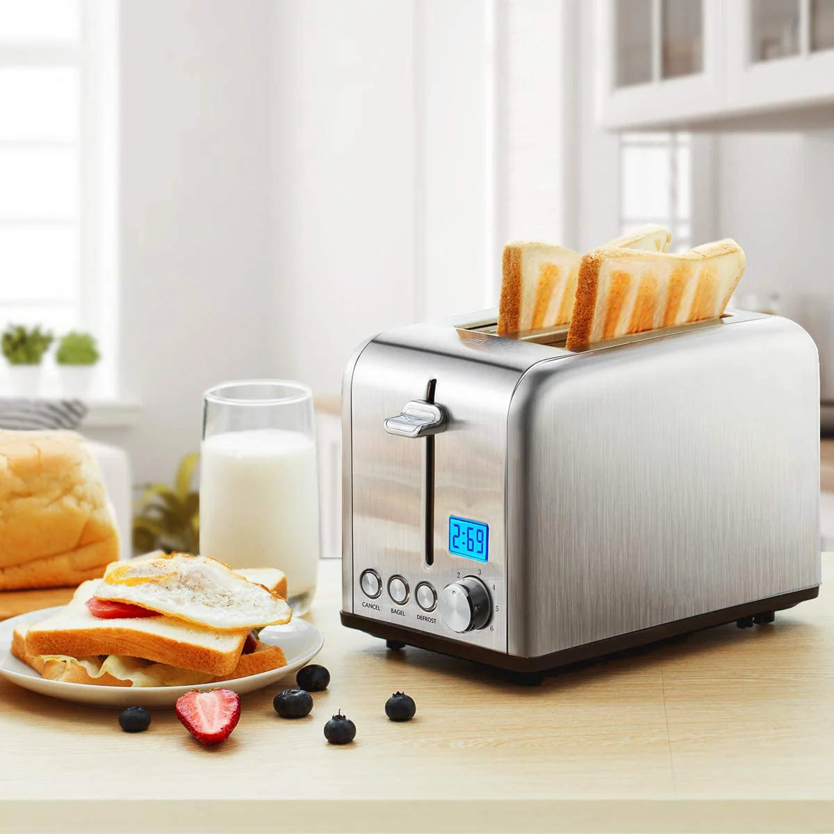 JMT-821258 Stainless Steel 2-Slice Electric Toaster with LCD Display and Grill Function