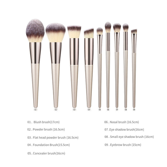 JMT-821578 Champagne Gold Wooden Handle Makeup Brush Set - 7, 9, or 10 Brushes Available