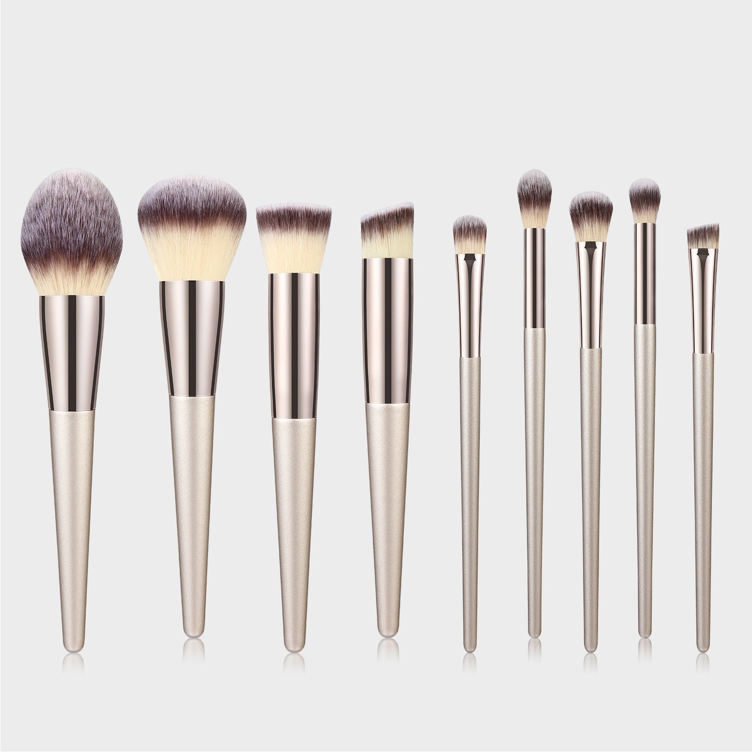JMT-821578 Champagne Gold Wooden Handle Makeup Brush Set - 7, 9, or 10 Brushes Available