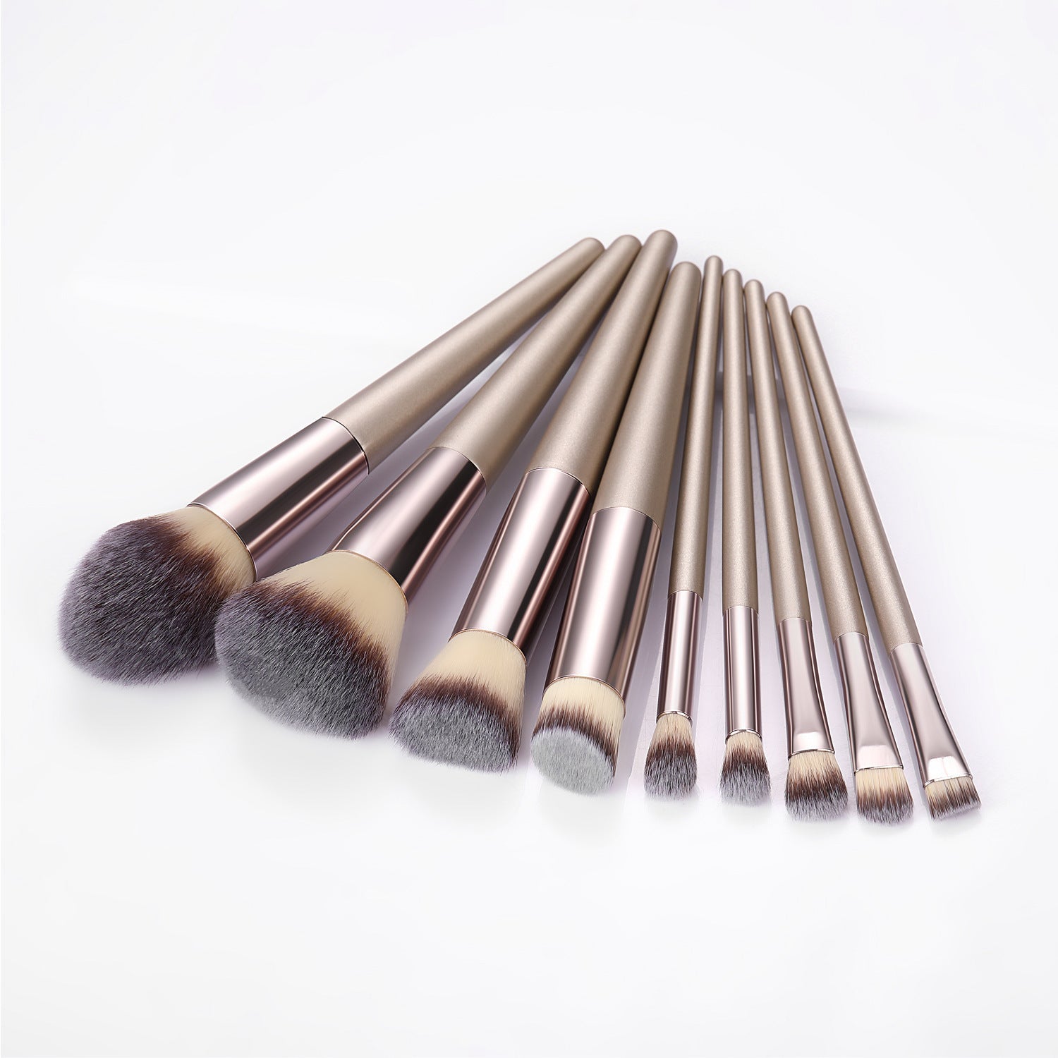 JMT-821578 Champagne Gold Wooden Handle Makeup Brush Set - 7, 9, or 10 Brushes Available