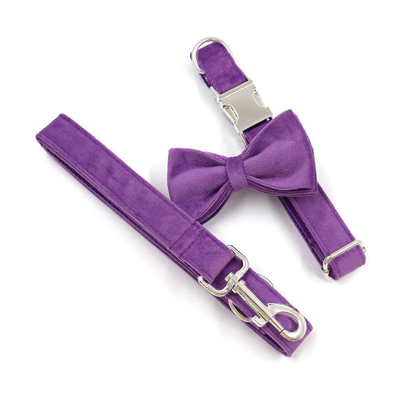 JMT-823242 Purple Velvet Dog Collar and Leash Set with Bow - Available in Multiple Sizes