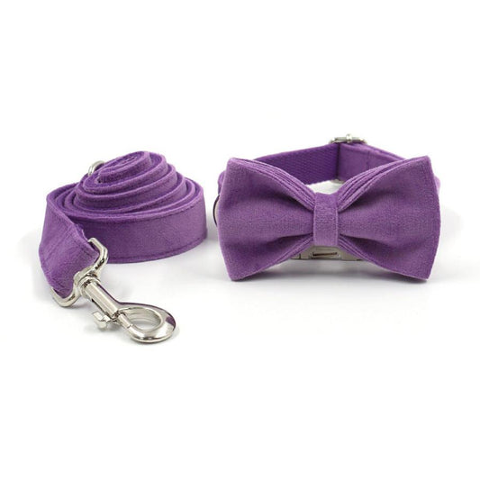 JMT-823242 Purple Velvet Dog Collar and Leash Set with Bow - Available in Multiple Sizes