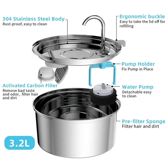 JMT-824266 Automatic Stainless Steel 3.2L Pet Water Fountain Dispenser for Dogs and Cats