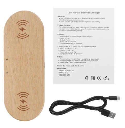 JMT-825738 Wooden Wireless Charger - Direct Charge 10W in Bamboo, Beech, and Walnut Finishes